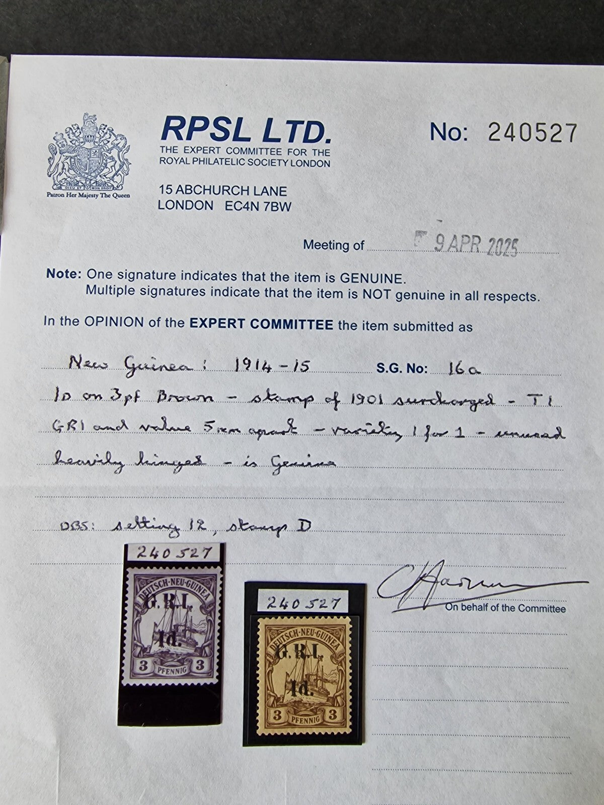 New Guinea 1914-15 SG16a 1d on 3pf Brown 'I' for '1' Mint RPSL Cert Cat £750