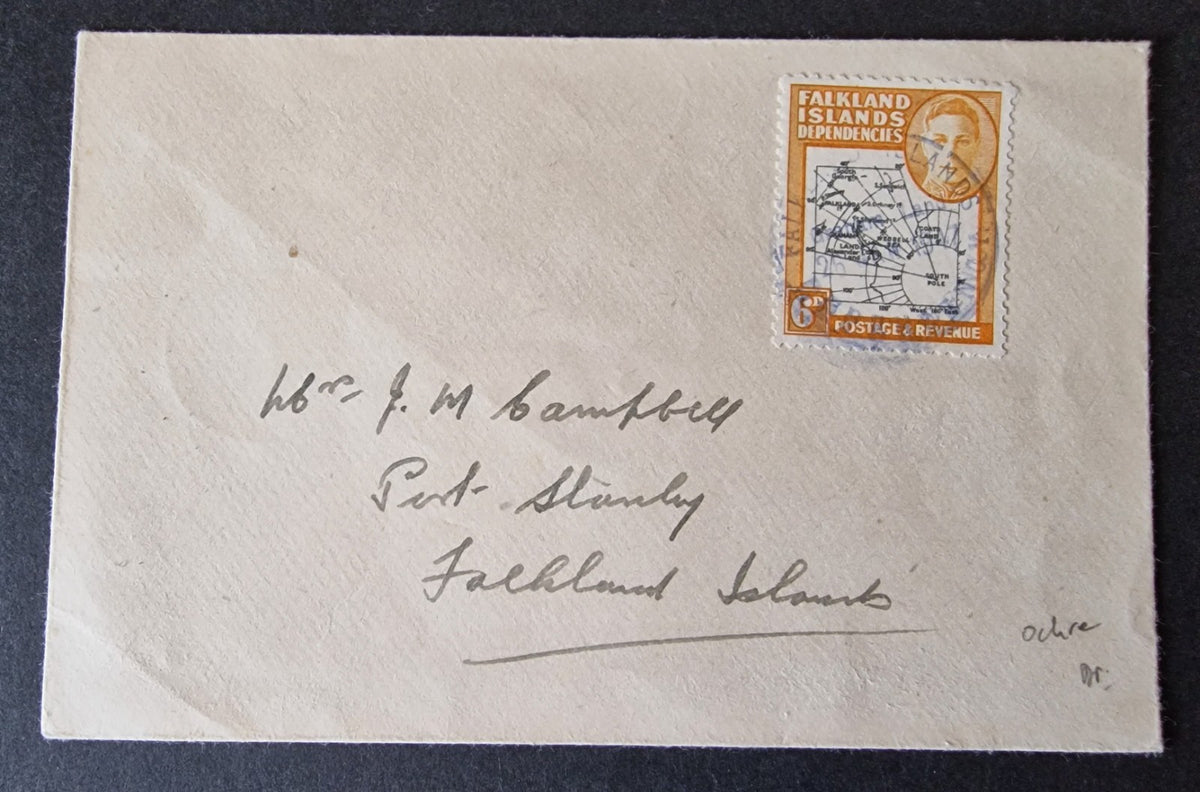 Falkland Dependencies 1946-49 SG G6ea 6d Black & Ochre Gap in 80th Used on Cover