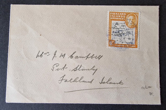 Falkland Dependencies 1946-49 SG G6ea 6d Black & Ochre Gap in 80th Used on Cover