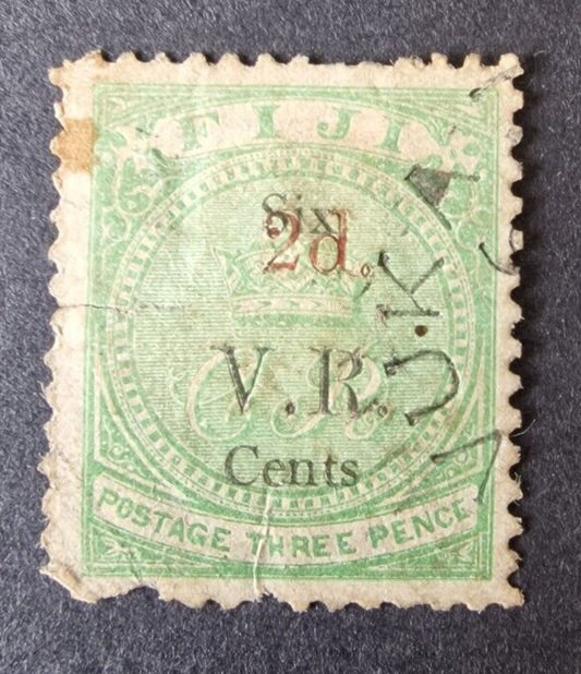 Fiji 1875 SG25var 2d on 6c on 3d Green Damaged but Scarce Please Read Desc