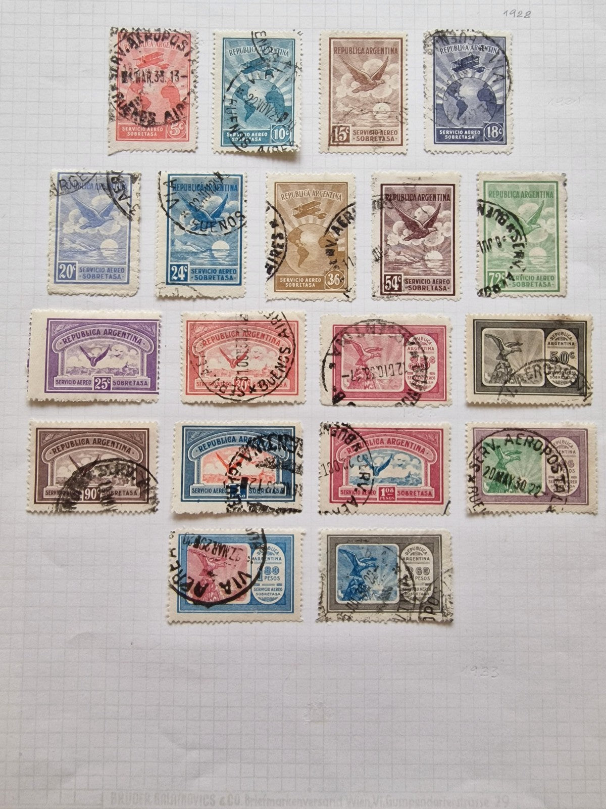 Argentina 1928 Air Set SG558-576 Used (25c Mint)