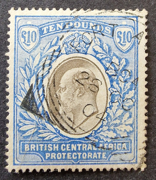 Nyasaland KEVII 1903-04 SG67 £10 Grey & Blue Postally Used with Cert Cat £5,000