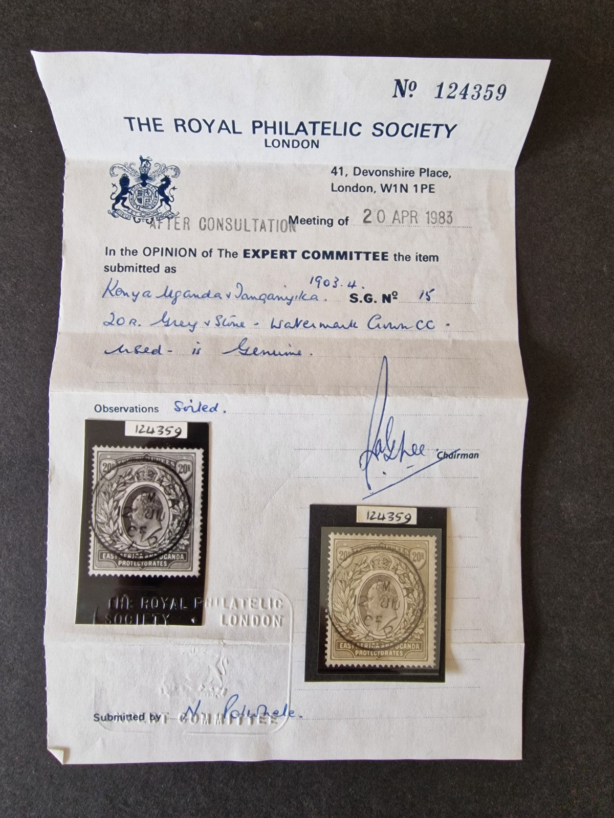 KUT KEVII 1903-04 SG15 20r Grey & Stone Used with Cert Cat £2,250