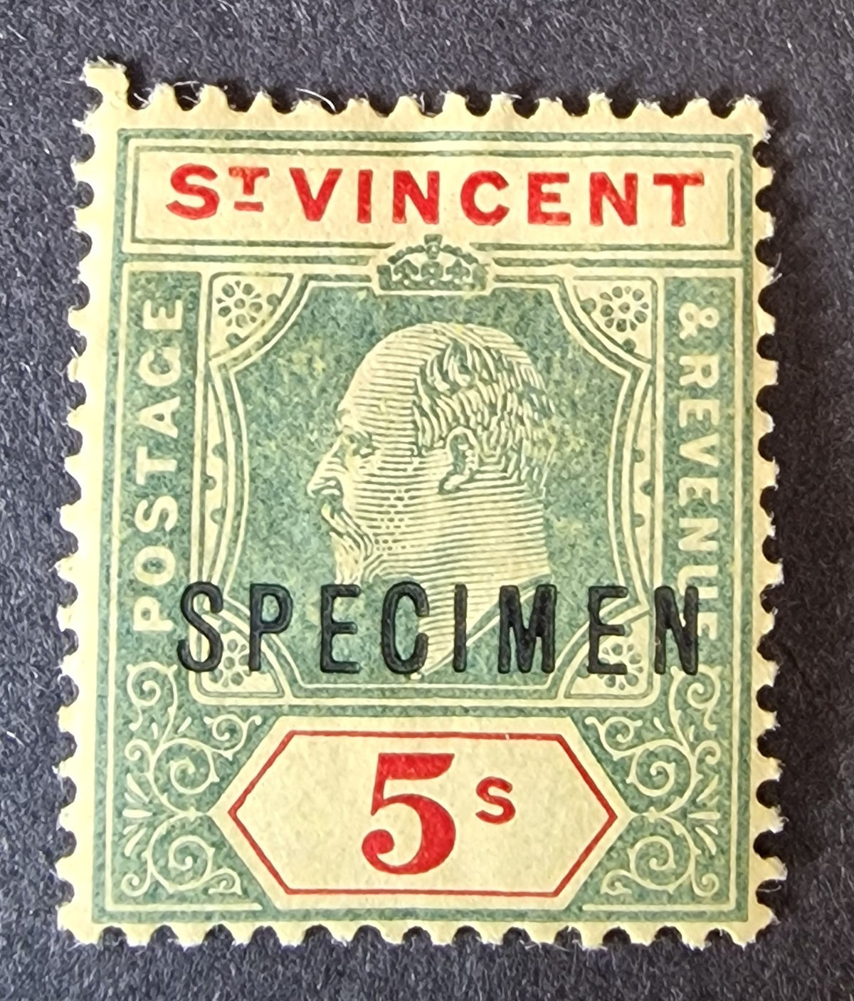 St Vincent KEVII 1904-11 SG92a 5s SPECIMEN with Damaged Frame & Crown SCARCE