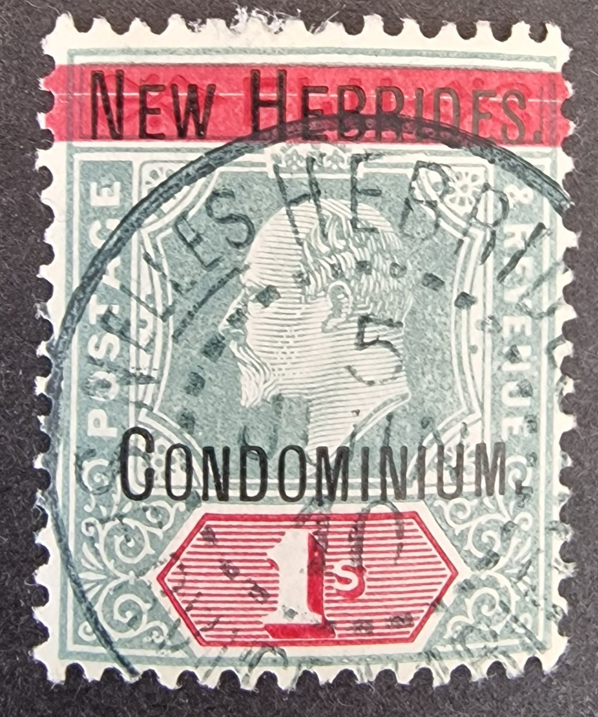 New Hebrides KEVII 1908 SG3a 1s Damaged Frame & Crown Used Unpriced (£450 Mint)