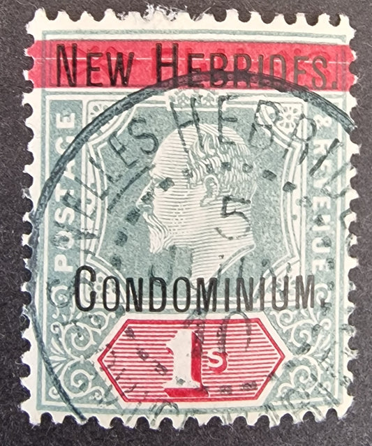 New Hebrides KEVII 1908 SG3a 1s Damaged Frame & Crown Used Unpriced (£450 Mint)